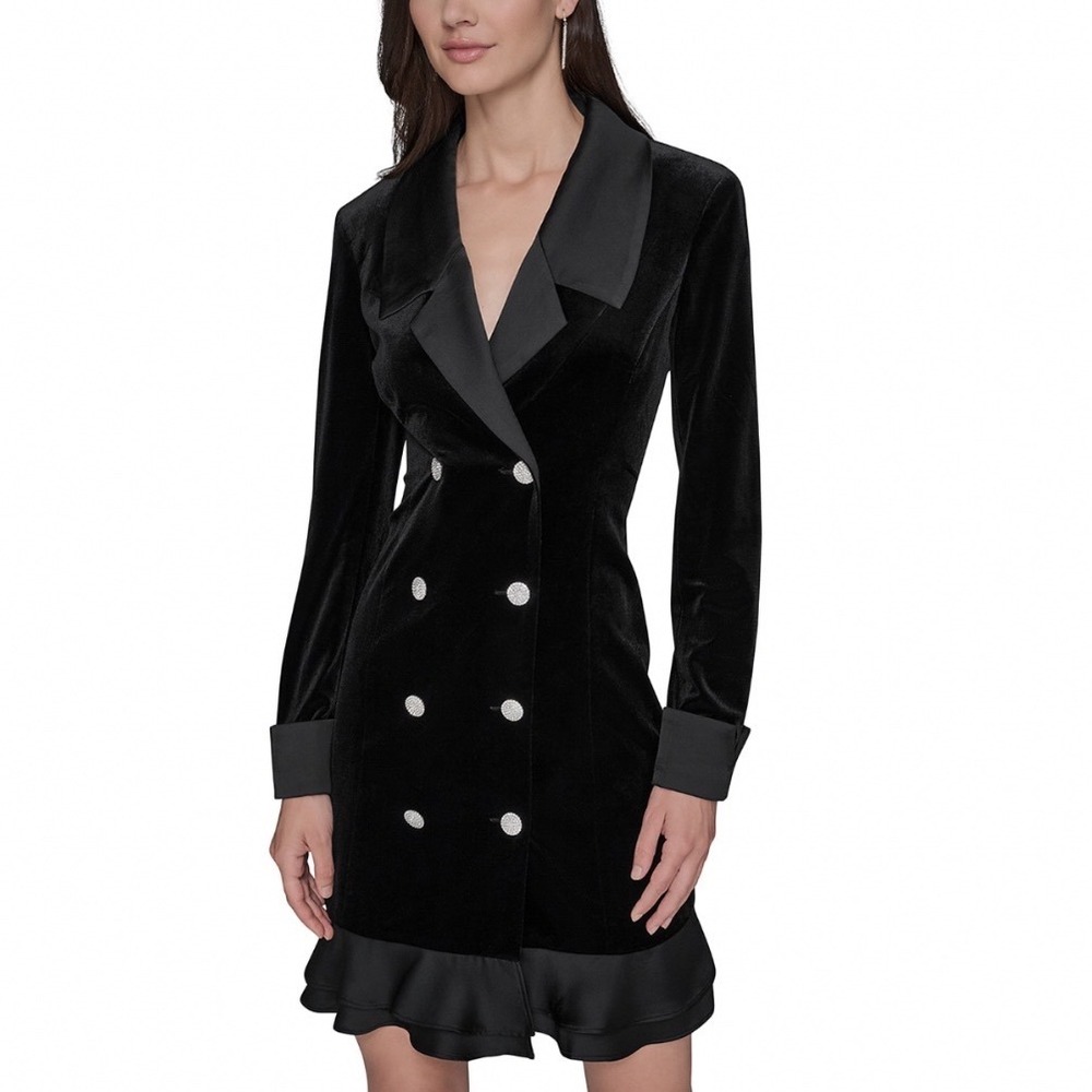 Karl Lagerfeld Paris Black Stretch Velvet Blazer Dress Rhinestone Buttons Size 8